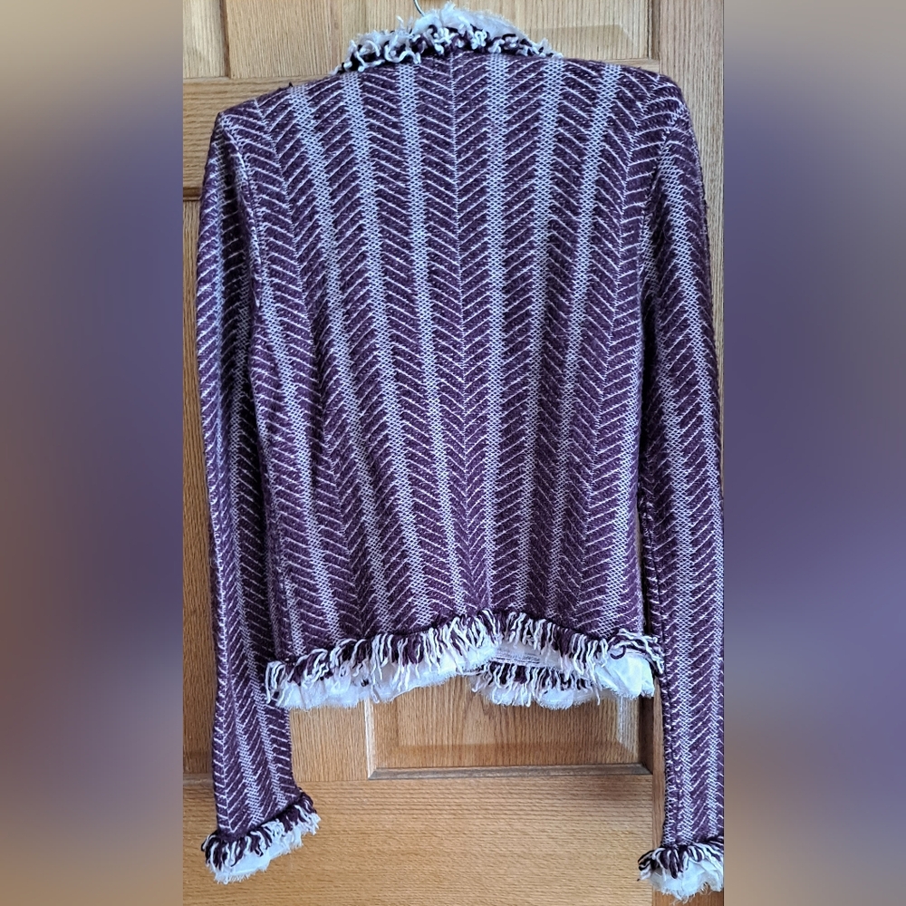 Anthropologie HWR Monogram Purple Herringbone Fringed Cardigan - Picture 6 of 8